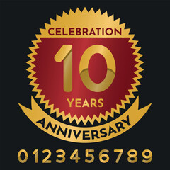 Gold Seal Anniversary Celebration - Gold and Ruby Seal in Zig Zag Circle with Ribbon and Personalized Numbers to Edit.