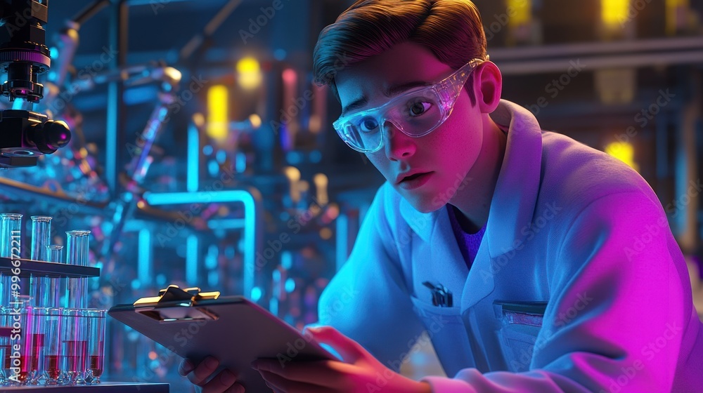 Poster a scientist in a lab, examining data with colorful test tubes and advanced equipment.