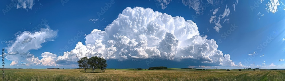 Poster a large cloud in the sky with a tree in the foreground