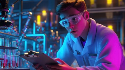 Obraz premium A scientist in a lab, examining data with colorful test tubes and advanced equipment.