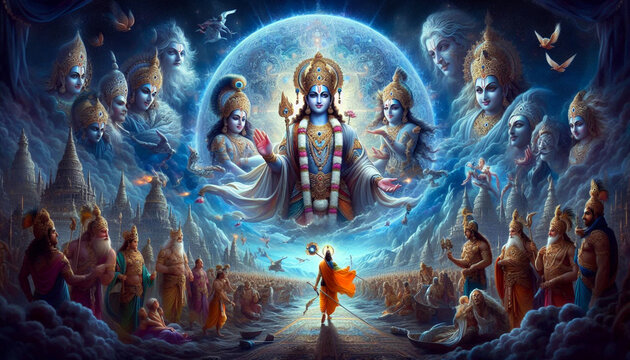 Indian Hindu god lord Krishna showing virat darshan (big visual of body) at mahabharat war to Arjuna