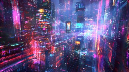 Naklejka premium A futuristic digital landscape showcasing a luminescent online bazaar for Cyber Monday featuring kinetic product holograms gesture based user interfaces and autonomous last mile delivery