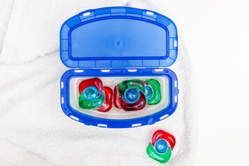 Gel for washing in capsules. Washing capsules storage. Open container