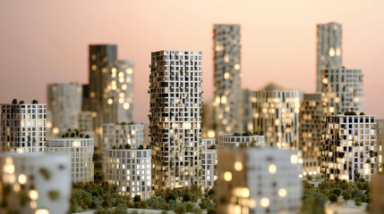 Obraz premium Architectural model of a modern city with high-rise buildings, white and black OMA architecture-inspired parametric structures. 
