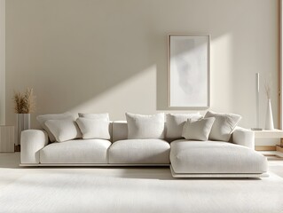 A 3D rendered image showcasing a refined and cozy modern living room with a sprawling sectional sofa a muted color scheme and a minimalist yet elegant decor style