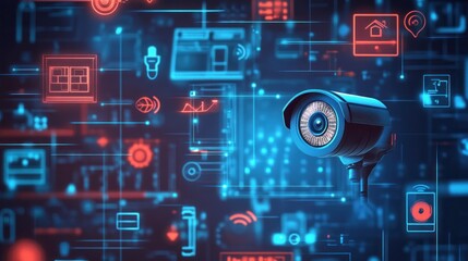 Digital surveillance concept featuring a security camera amidst technology icons.