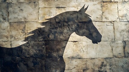 Silhouette, Shadow of Horse on Stone Background, Minimalist Drawing Art, Abstract Image, Texture, Pattern Background, Wallpaper, Cover and Screen of Smartphone, PC, Laptop, 9:16 and 16:9 Format