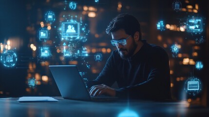 A man using a laptop with digital icons around him, symbolizing technology and innovation.