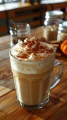 Glass of pumpkin latte. The glass stands on a wooden table, creating an atmosphere of coziness and comfort. The lighting is soft and warm, which emphasizes the autumn theme of the photo.