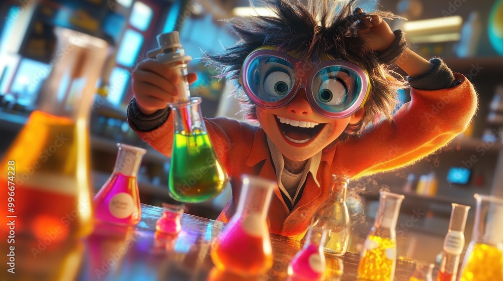 Poster a young scientist joyfully experiments with colorful liquids in a laboratory setting.