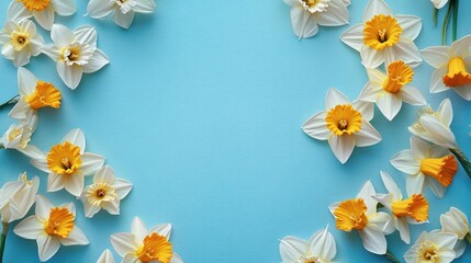 Easter floral celebration banner featuring daffodils on a blue paper background viewed from above