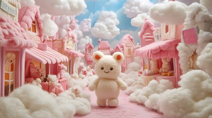 Sunwukong plush walking through a cotton candy street with shops made of fluffy clouds and wool felt decorations