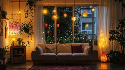 Living room setup with Diwali decorations, including string lights and hanging lanterns