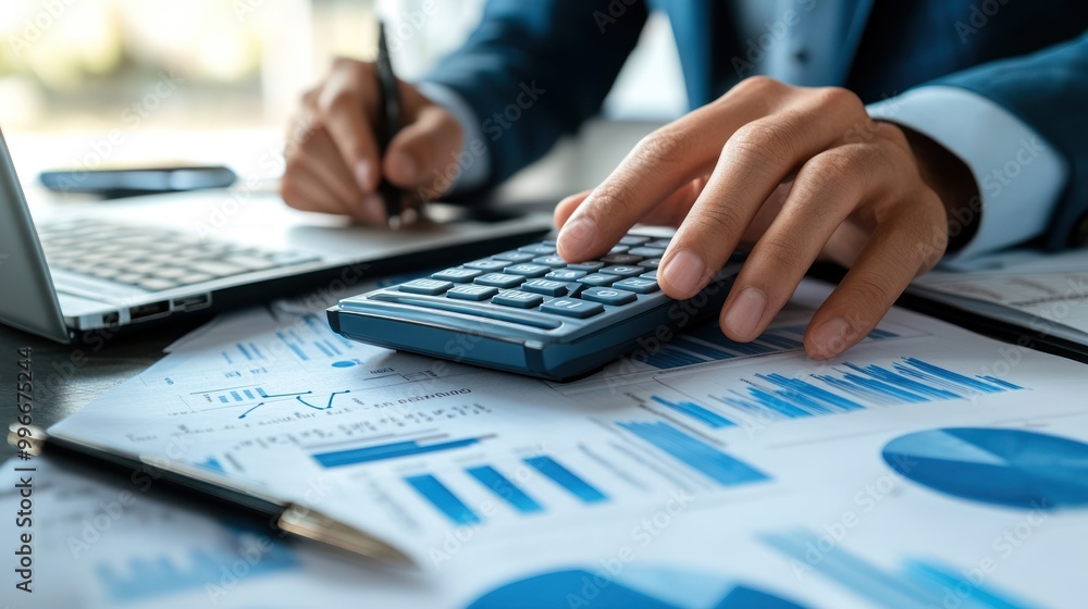 Poster a person using a calculator while analyzing financial documents and charts.