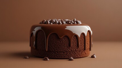 Close-up of a small chocolate cake topped with rich, glossy chocolate ganache.