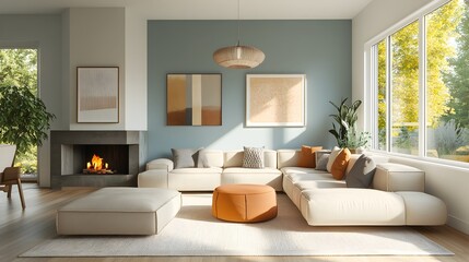 A cozy and inviting modern living room with a large comfortable sectional sofa and minimalist stylish decor  The bright walls accentuate the natural light and airy feel