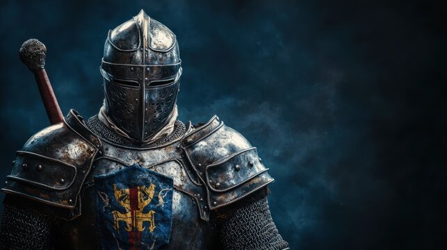 A medieval knight in full armor stands with a sword at his side against a dark, smoky background.