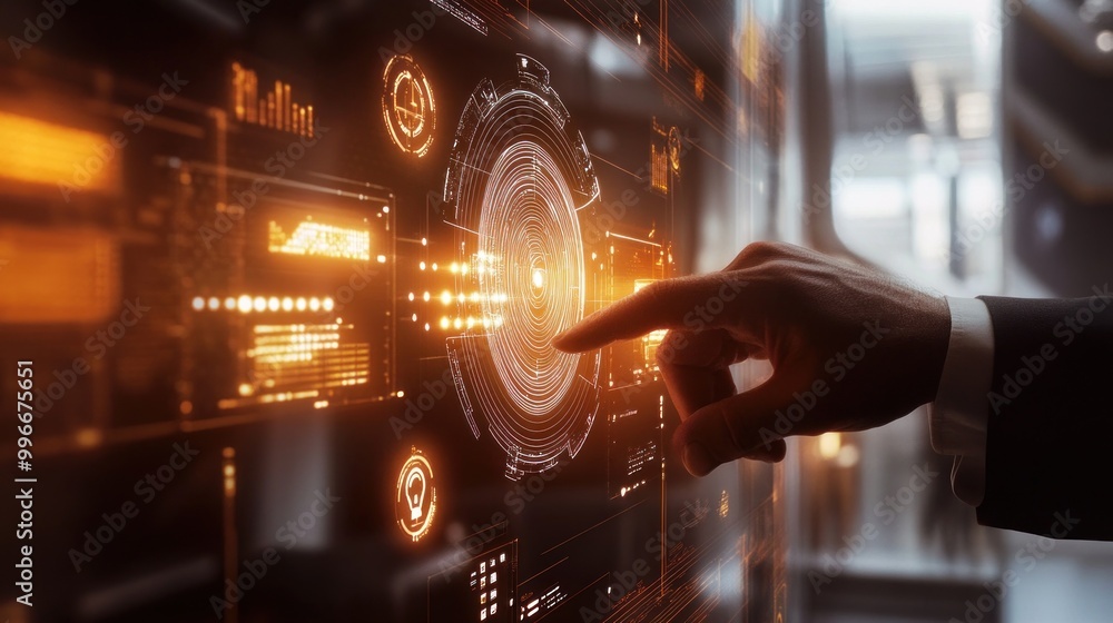 Aufkleber a hand interacts with a futuristic digital interface displaying data and graphics.