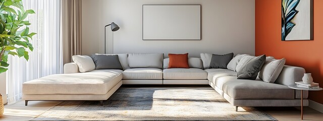 A cozy and inviting modern living room with a large comfortable sectional sofa and minimalist stylish decor  The bright walls and plush area rug create a welcoming atmosphere