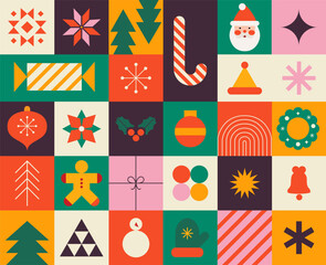 Advent Calendar, Merry Christmas poster, printable template with Xmas elements in modern minimalist style. Vector illustration and concept design.Holiday season, Trendy, contemporary abstract design. 