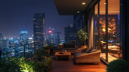 Night view of a balcony with a wicker couch, a cityscape background, and a small potted plant.