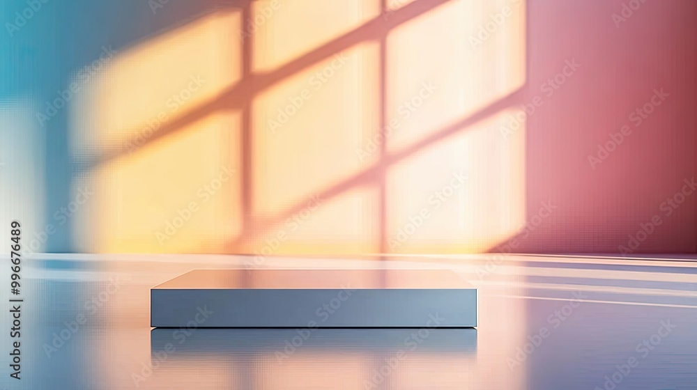 Poster minimalist display platform with soft, colorful shadows creating a serene ambiance for product prese