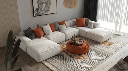 A cozy and refined modern living space boasting a spacious modular sofa and elegantly understated decor the textiles and accessories creating a serene