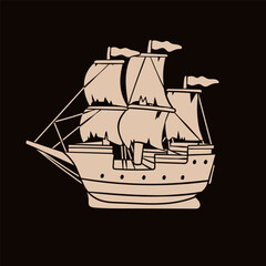 Cartoon sailing ship, wind sail boat. Traditional ancient sailboat. Hand drawn modern Vector illustration. Isolated design element. Print, logo, icon, design template. Sea adventures, marine concept