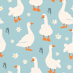 White geese or ducks and camomile flowers. Abstract, quirky, cartoon modern style. Hand drawn trendy Vector illustration. Square seamless Pattern, background, wallpaper © Dariia