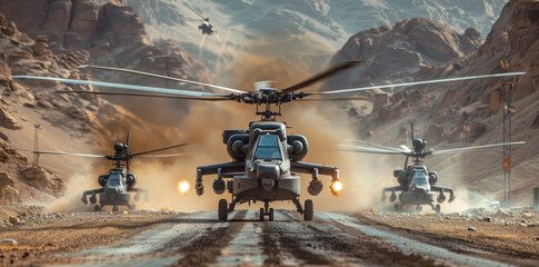 Two armed helicopters prepare for takeoff at an Indian desert airfield with distant hills in the background