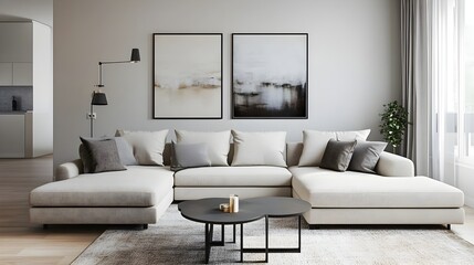 Fototapeta premium A cozy and sophisticated living room boasting a comfortable L shaped couch and streamlined minimalist furnishings The warm welcoming color accents provide a Scandi chic design touch