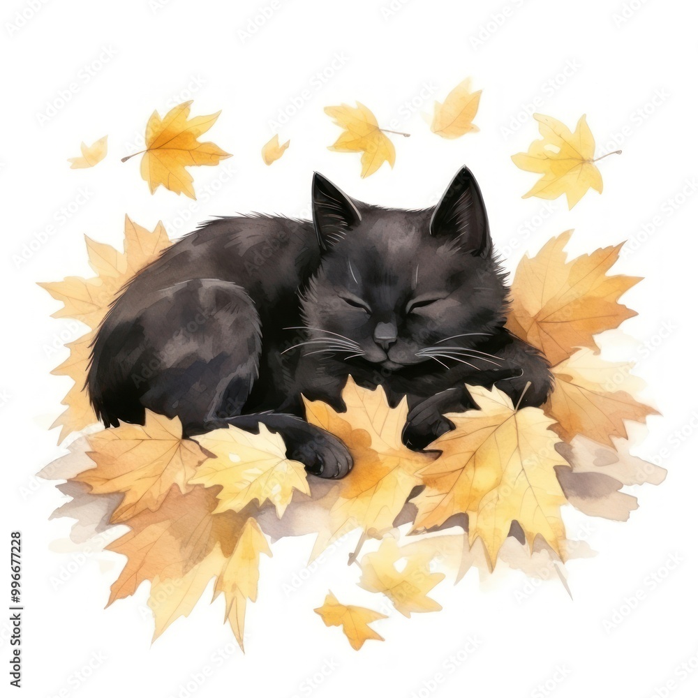 Canvas Prints Watercolor black cat sleeping animal cartoon mammal.