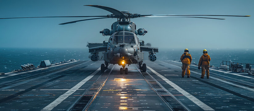 Helicopter prepares for takeoff on an aircraft carrier deck with crew members in position