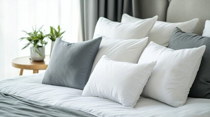 Many soft pillows on bed and bedside table at home