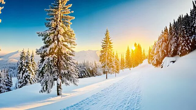 Snowy landscape with sunrise over mountain trees, capturing the serene beauty of winter in a peaceful natural setting.