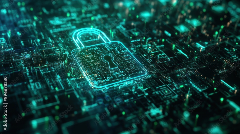 Poster digital lock symbolizing cybersecurity in a networked environment.