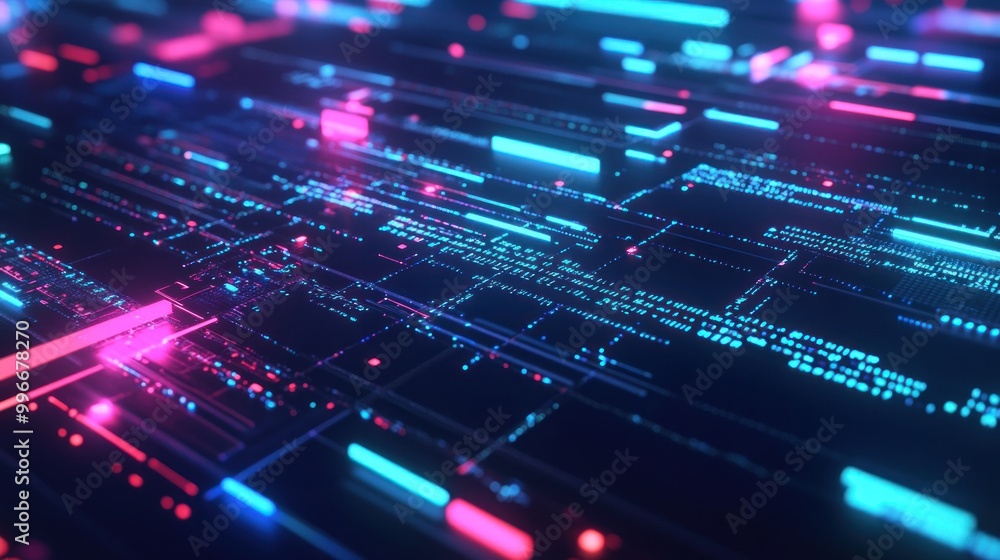 Poster abstract digital landscape with glowing lines and data streams in vibrant colors.