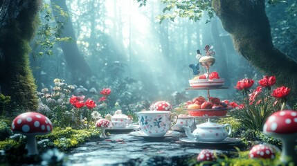 Minimalist background: Vintage-inspired Mad Hatter illustration featuring a tea party, green bottle, and fairy tale mushrooms, designed for whimsical party banners or cards.

