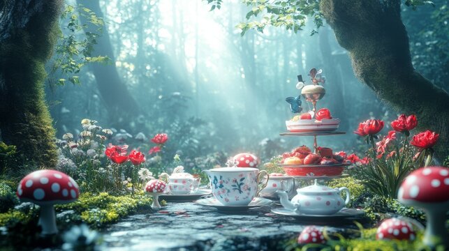 Minimalist background: Vintage-inspired Mad Hatter illustration featuring a tea party, green bottle, and fairy tale mushrooms, designed for whimsical party banners or cards.

