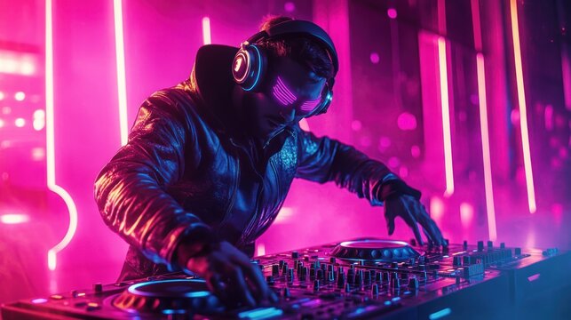DJ mixing music in a nightclub with neon lights.