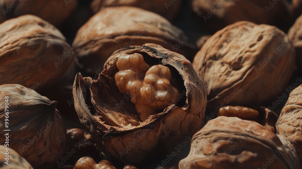 Poster close up view of a broken walnut amidst unbroken walnuts
