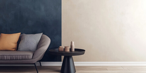 Modern living room decor featuring a stylish couch and minimalist coffee table in a serene two-tone color scheme