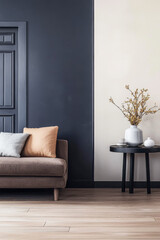 Stylish living room featuring a modern sofa and decorative elements in a contemporary home setting
