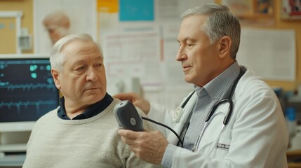 Fototapeta premium A doctor examines an elderly patient using a medical device in a healthcare setting.