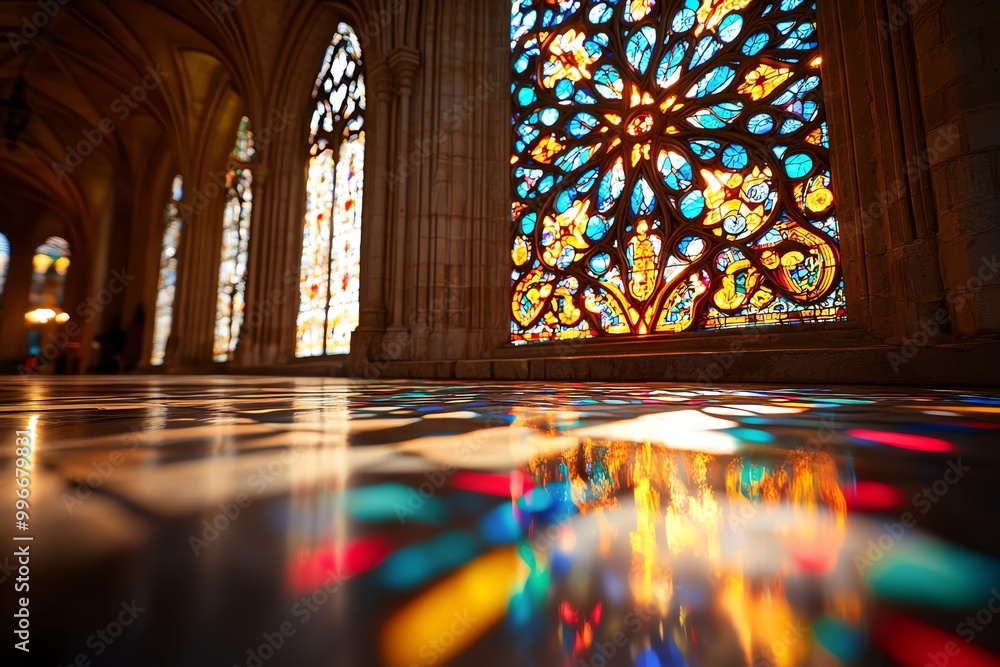 Poster hyper-realistic close-up of the stained-glass windows inside batalha monastery, showing every textur