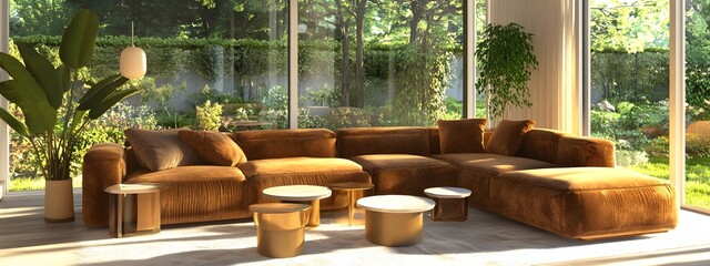 Fototapeta premium A tranquil and welcoming modern living room featuring a plush velvet sectional sofa minimalist side tables and large windows that offer serene garden views The bright