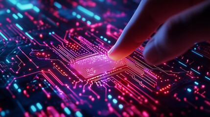 A businessman touches a glowing PCB icon, blending human touch with vibrant AI technology.