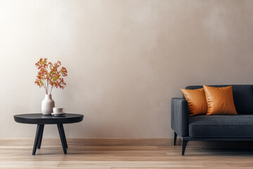 Cozy living room with a modern sofa, decorative vase, and autumnal accents in soft lighting