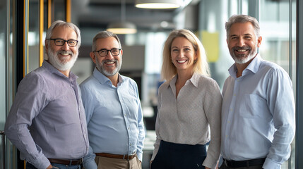 Diverse team of middle aged and senior businesspeople, four colleagues collaboration in an office, professional corporate environment, happy and confident group working together on a project