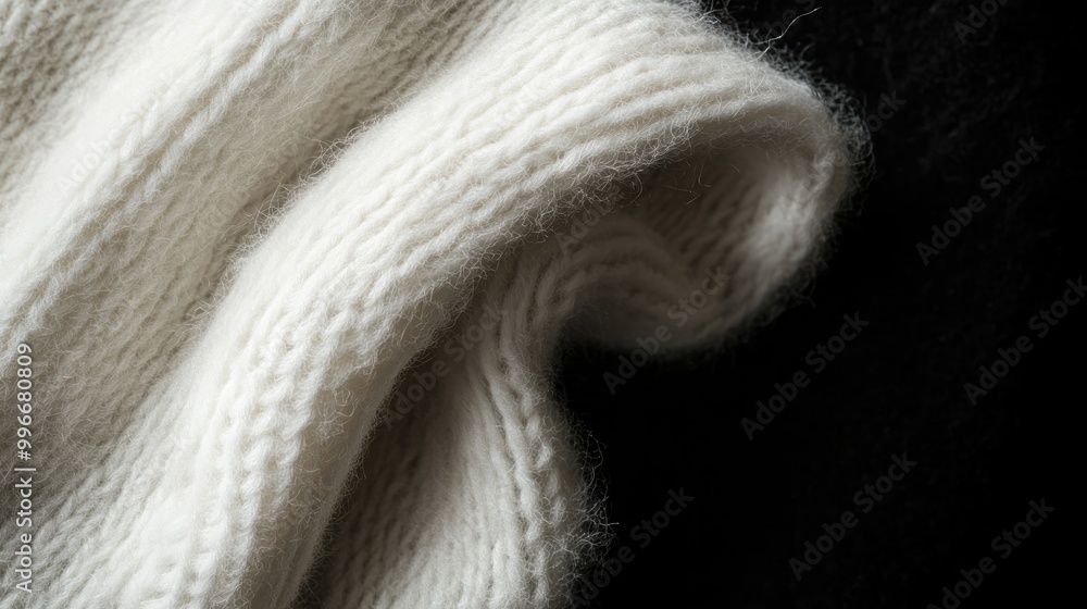 Poster close up of a textured white wool fabric set against a black background featuring space for text or 